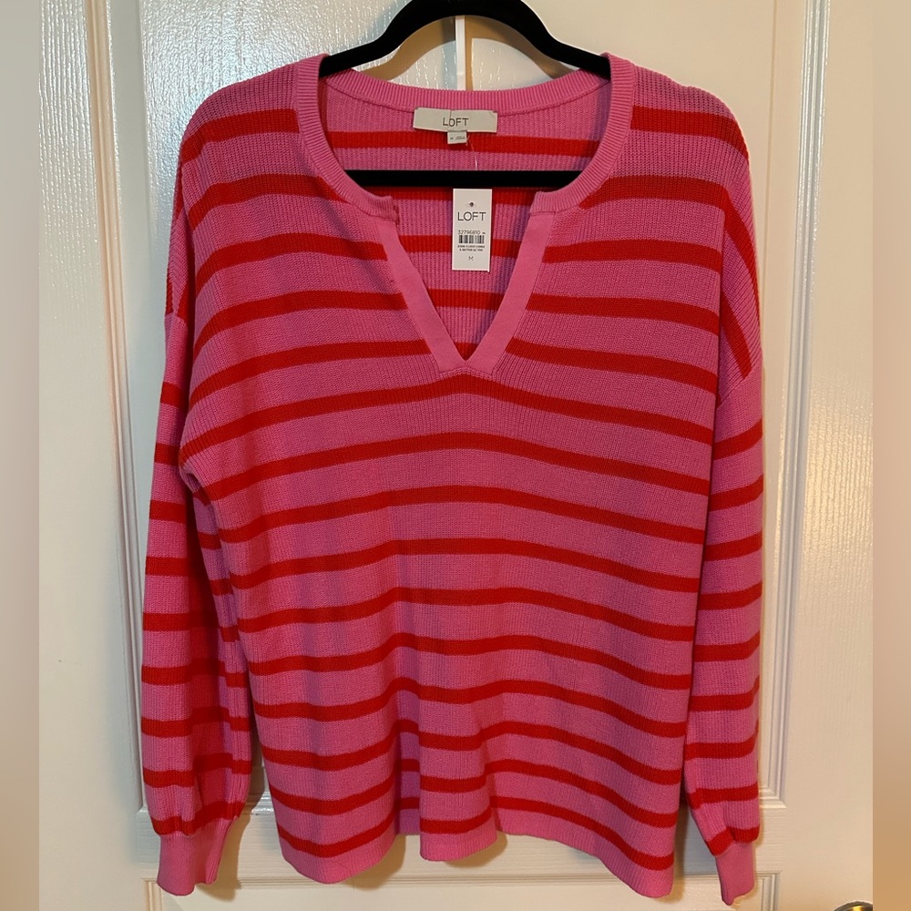 NWT LOFT Pink & Red Striped Notch Collar Sweater | Size Medium